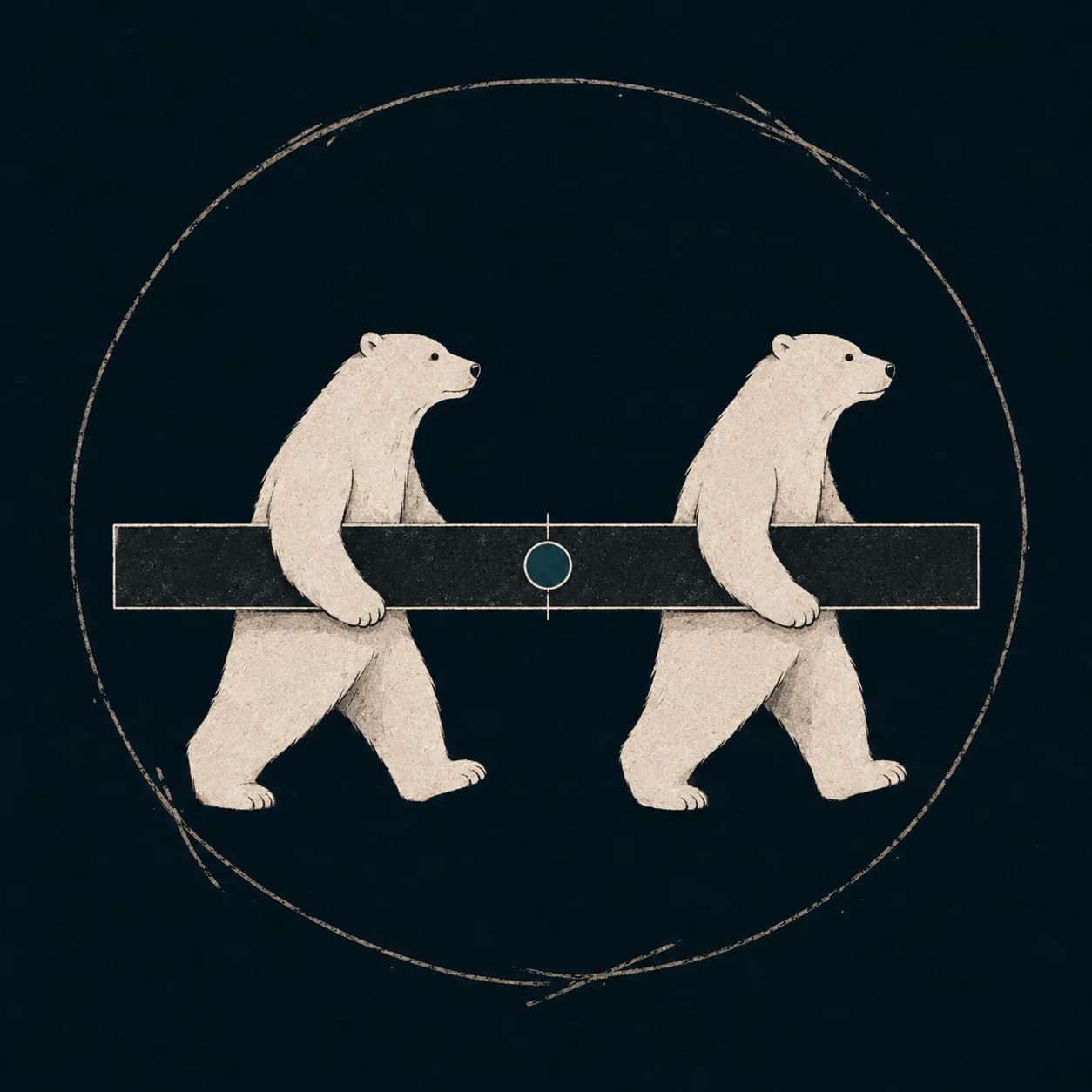 Two Arctos bears carrying one shared beam in step.