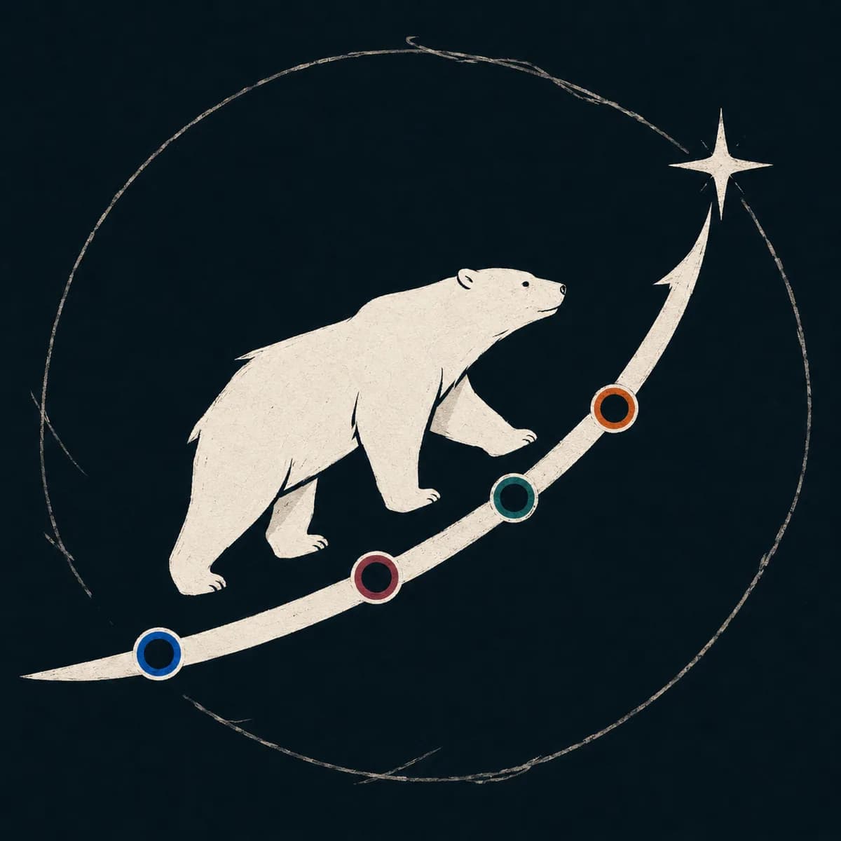 A bear moving upward along a measured path toward a star.