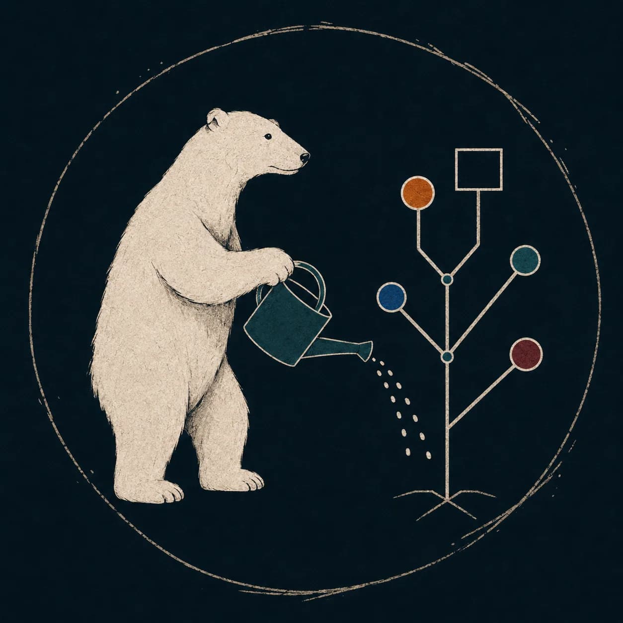 A bear tending a branching system of connected growth channels.