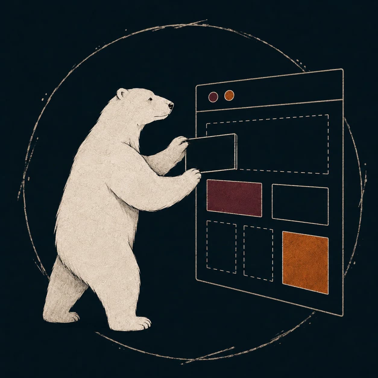 A bear assembling the parts of a digital interface.