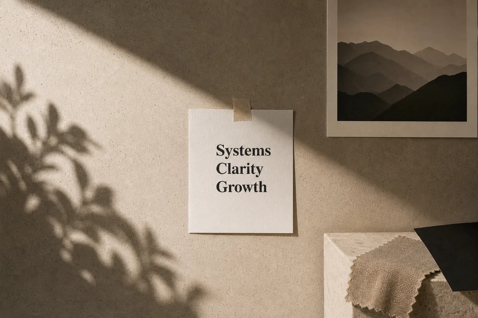 A studio wall with tactile material samples and a card reading Systems, Clarity, Growth