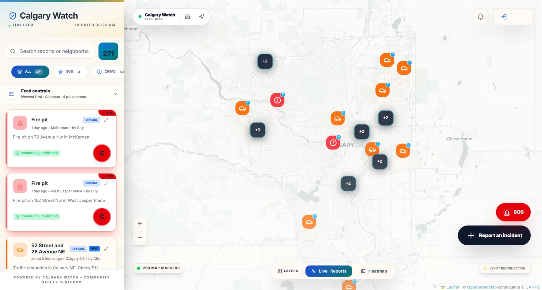 Calgary Watch live map showing active community and official reports across Calgary