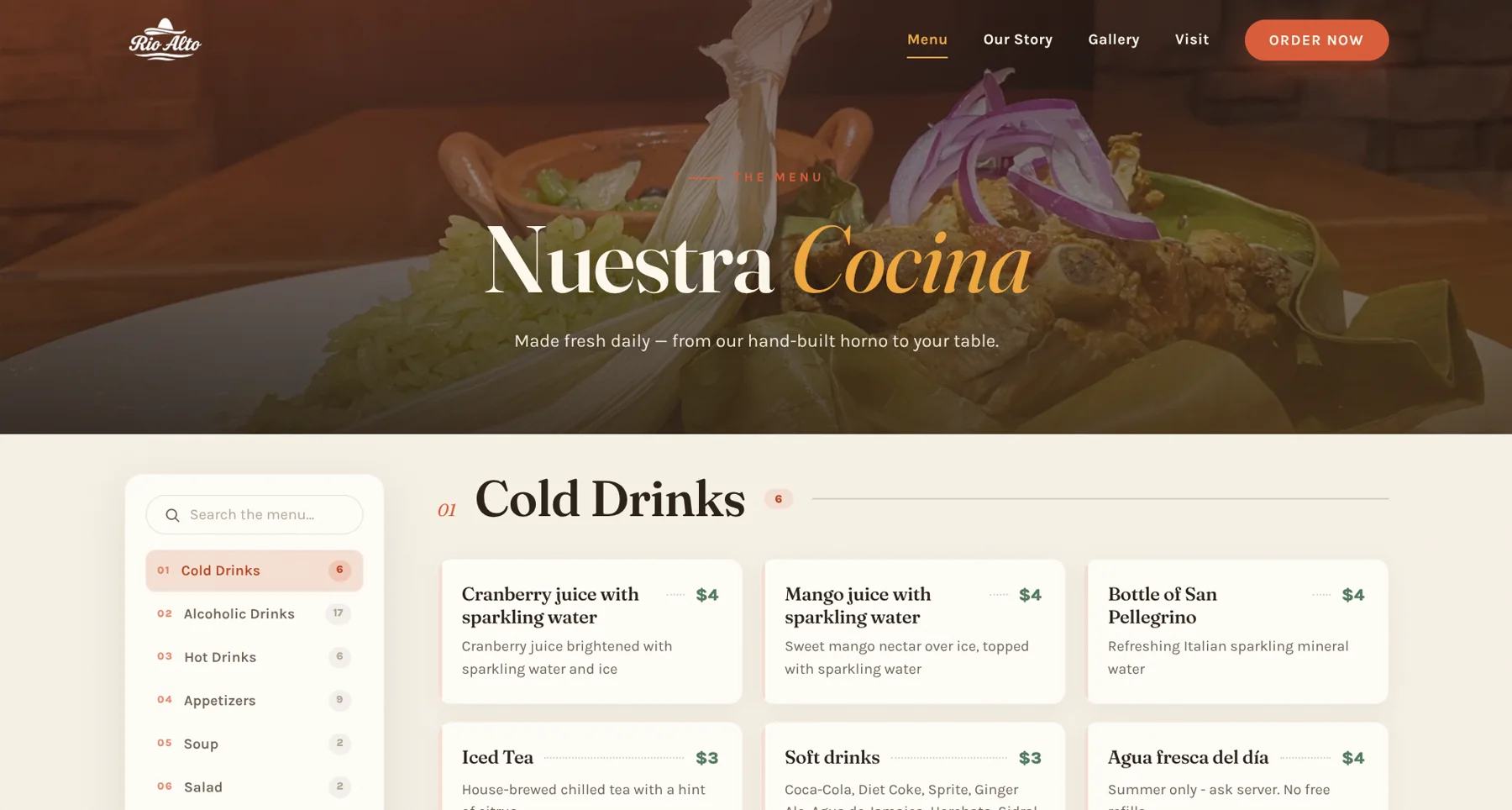 Rio Alto desktop menu with dish photography, category navigation, and menu item cards
