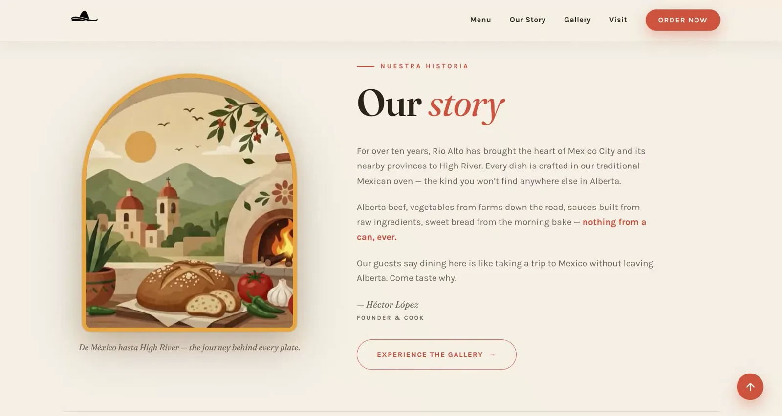 Rio Alto story section with a hacienda-shaped illustration and restaurant history