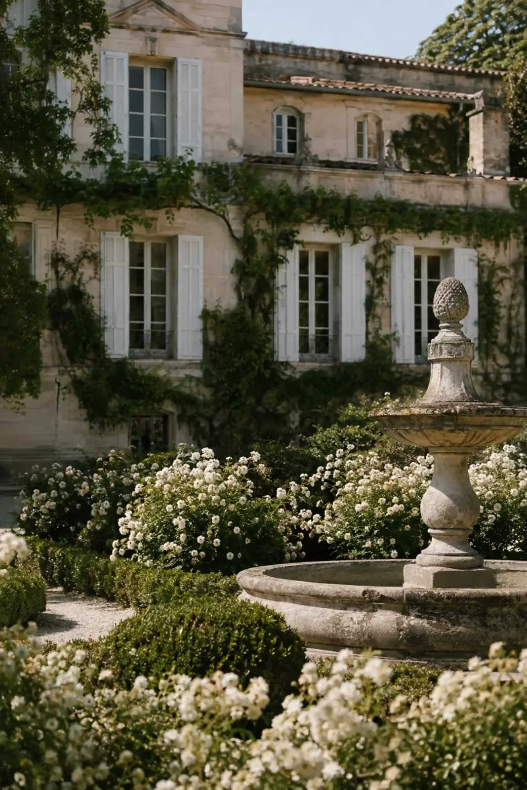 A pale stone manor with a fountain and white flowering gardens